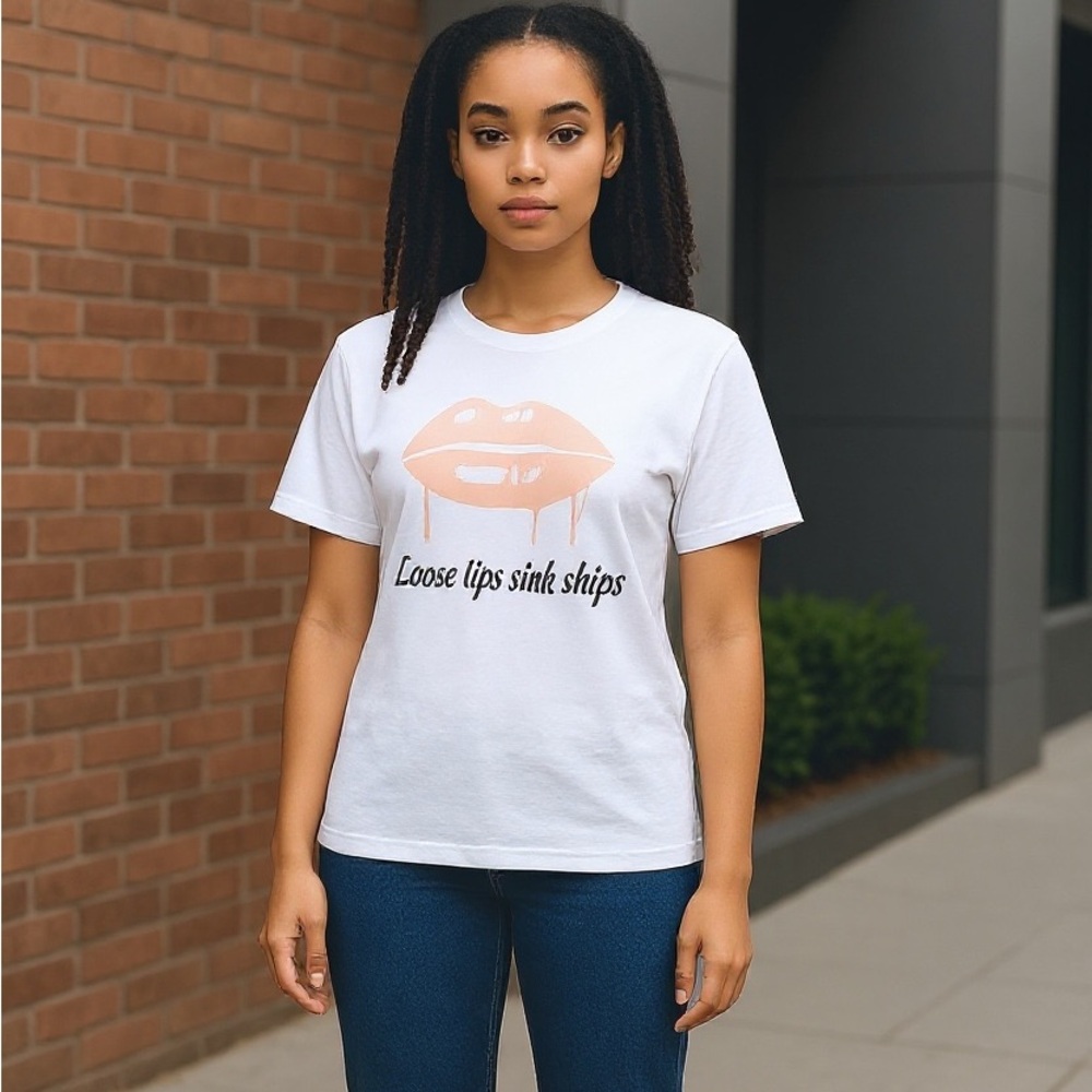 White Graphic Tee with Pink Dripping Lips Print